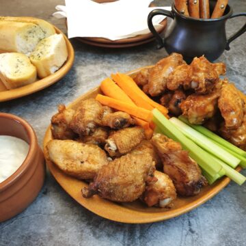 A piate of crispy air-fryer crispy chicken wings on a table with carrot and celery sticks.