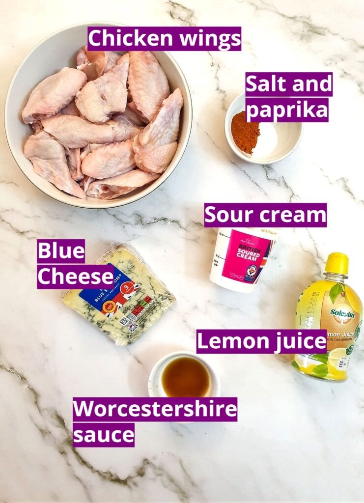 Ingredients for crispy air-fryer chicken wings and blue cheese sauce.