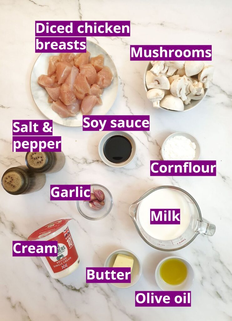Ingredients for chicken in a creamy garlic and mushroom sauce.