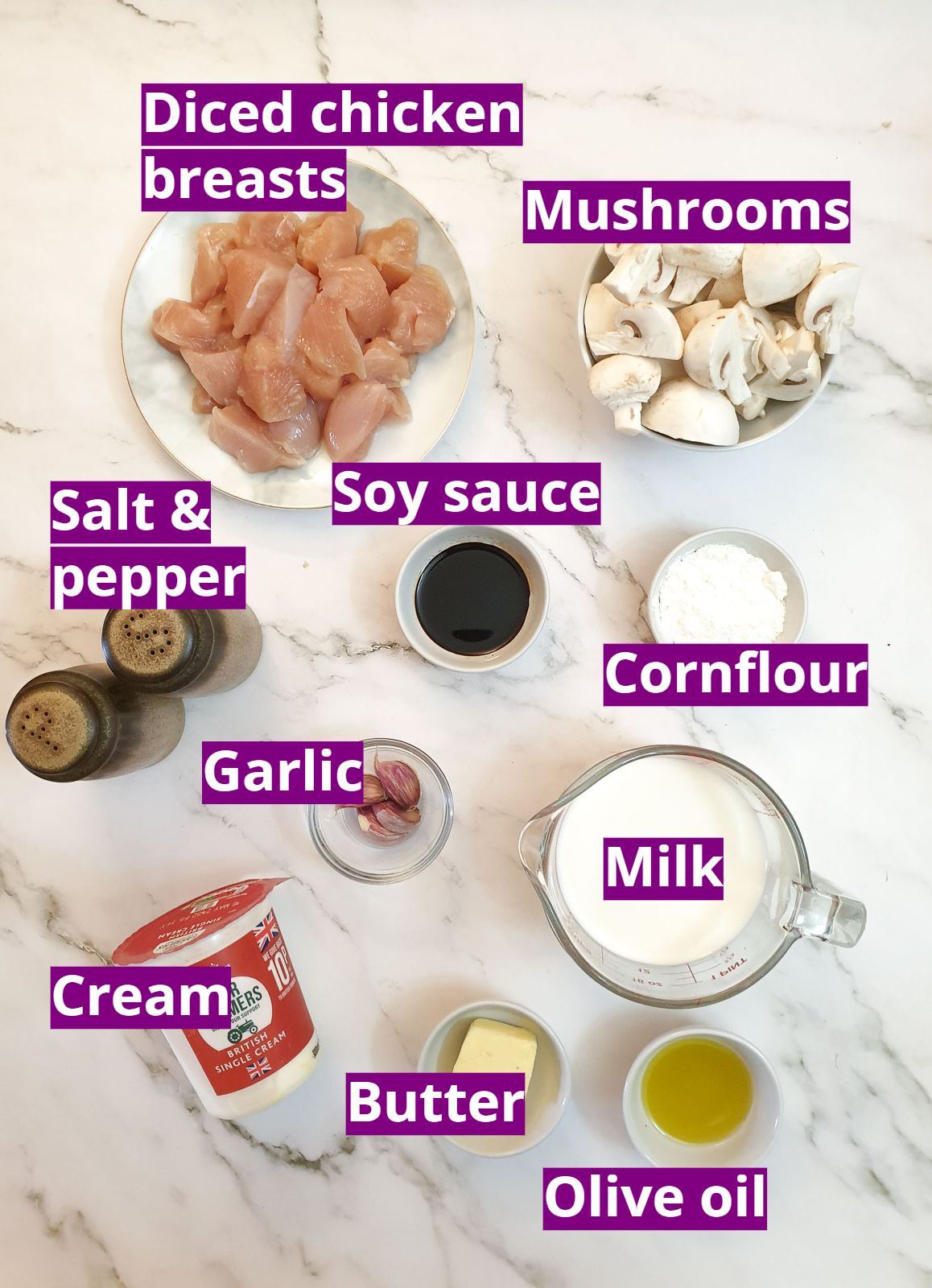 Ingredients for creamy garlic mushroom chicken.