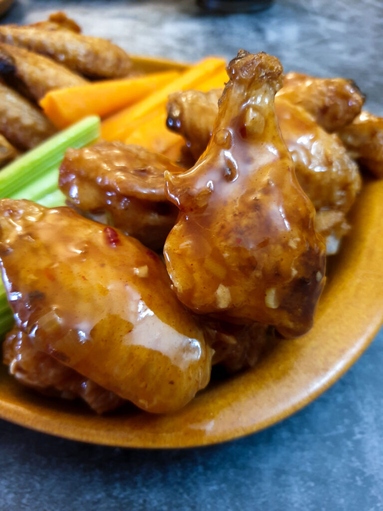 Chicken wings coated with Durky sauce.