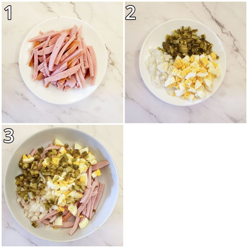 Steps for cutting the sausage and vegetables.