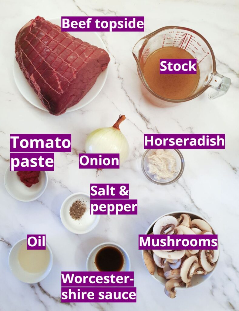 Ingredients for beef topside with horseradish.