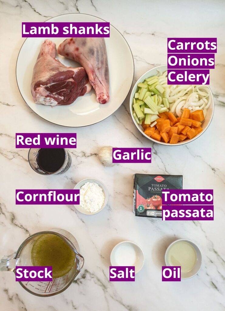 Ingredients for lamb shanks in red wine gravy.