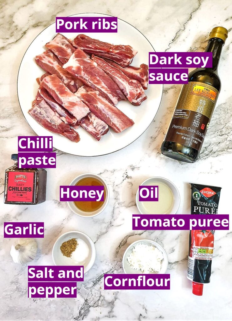 Ingredients for sticky pork ribs.