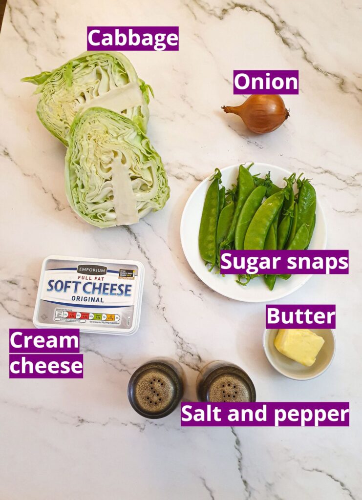 Ingredients for butter braised cabbage with sugar snaps.