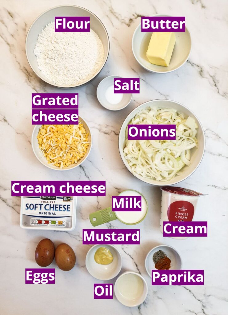 Ingredients for cheese and onion quiche.