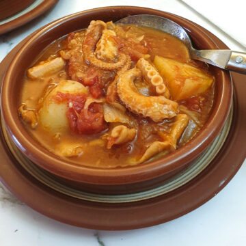 Close up of a dish of octopus stew.