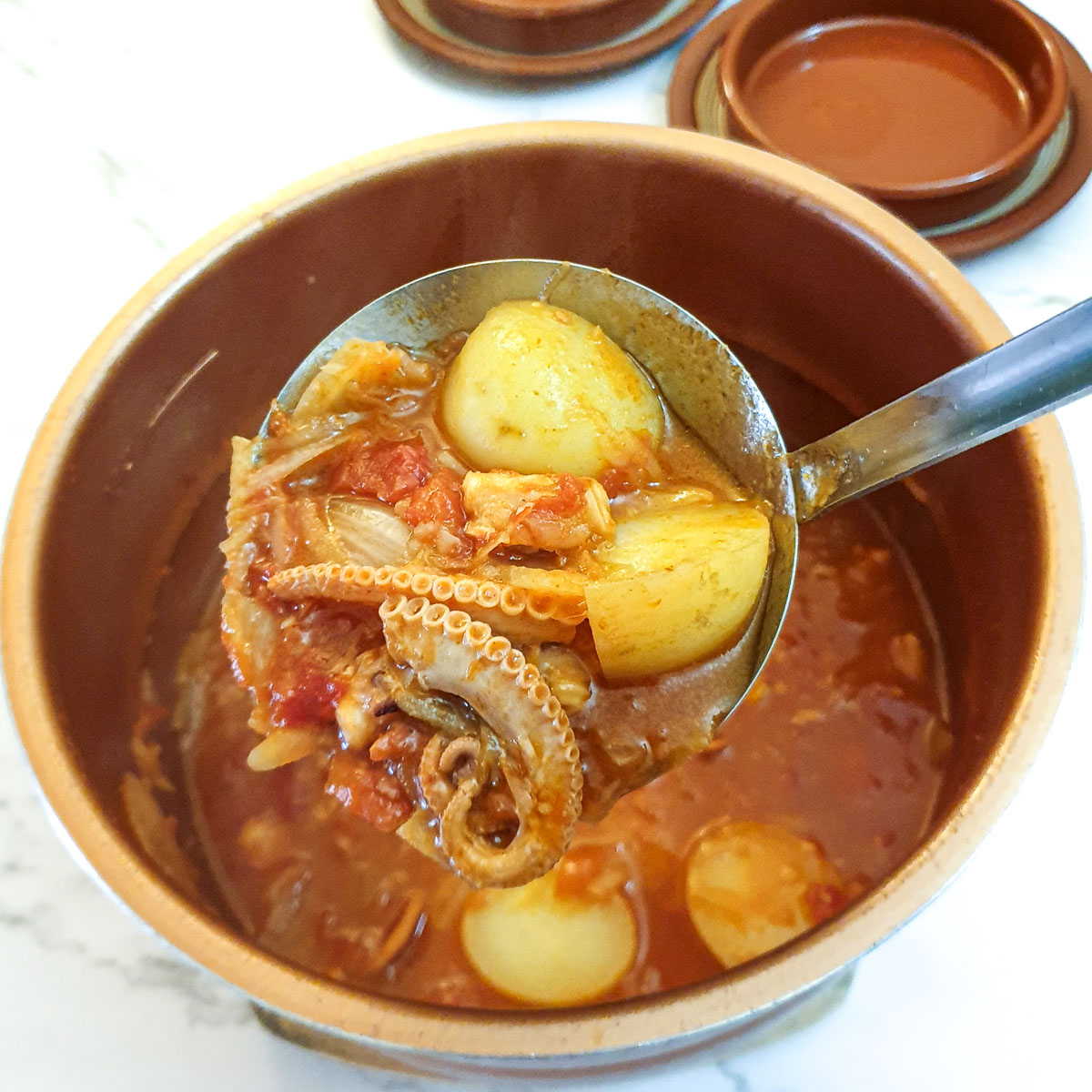 Octopus stew on a ladle with the cooked potatoes.