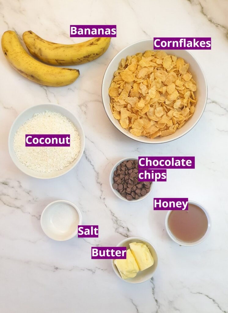 Ingredients for banana cornflake breakfast cakes.