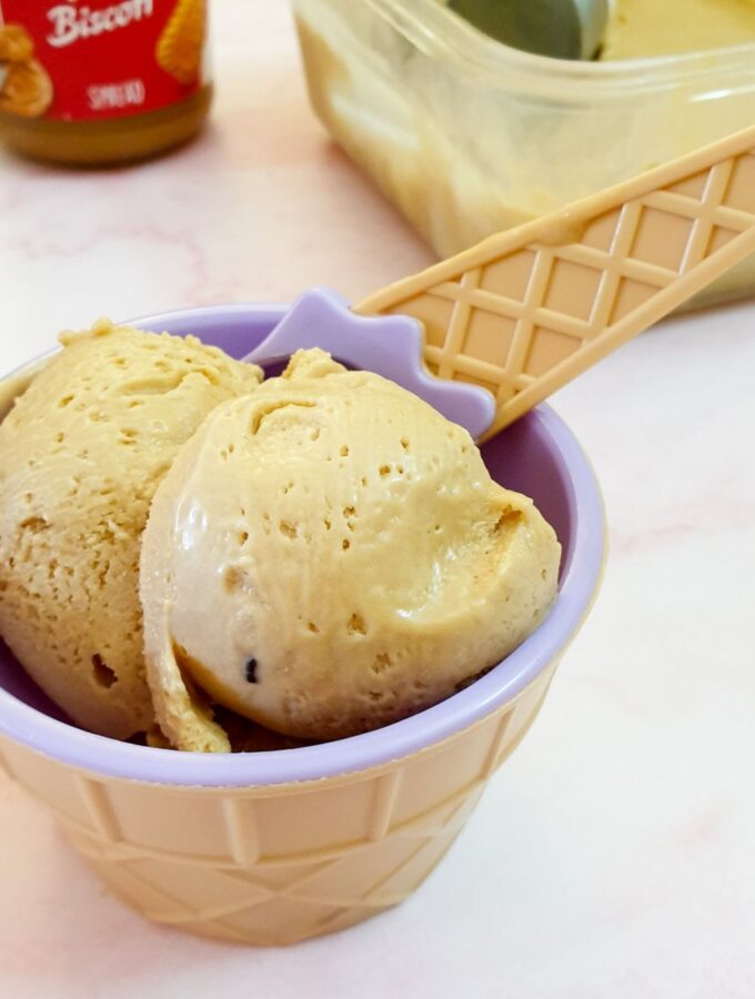 2 scoops of biscoff ice cream in a plastic bowl with a spoon.