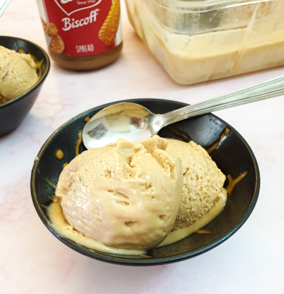 A bowl of biscoff ice cream in a brown dish.