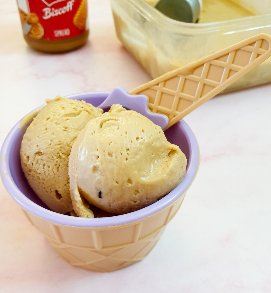 2 scoops of biscoff ice cream in a plastic bowl with a spoon.