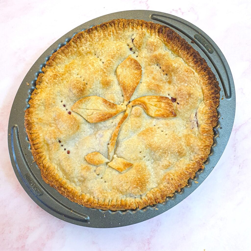A baked pie in a round baking dish.