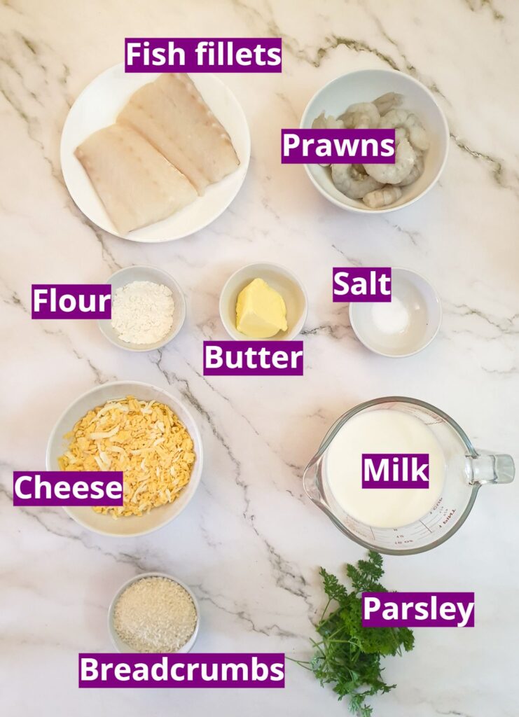 Ingredients for cod mornay with prawns.