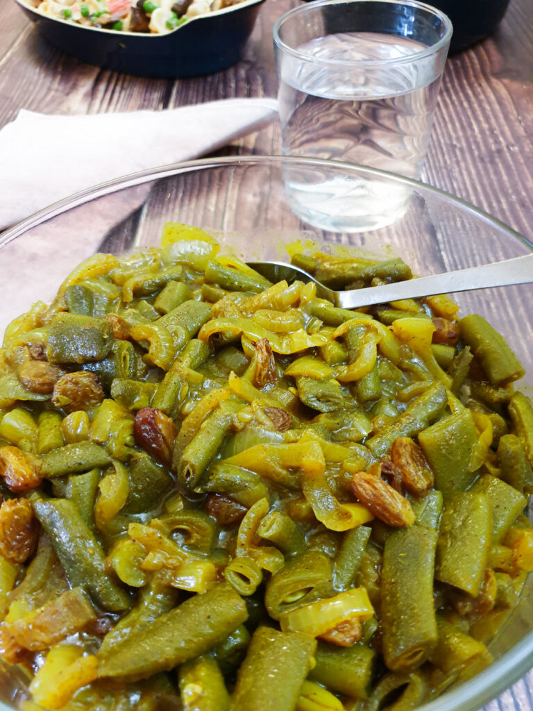 Closeup of curried green bean salad.