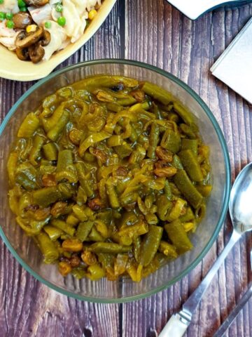 Overhead shot of a dish of curried green beans.