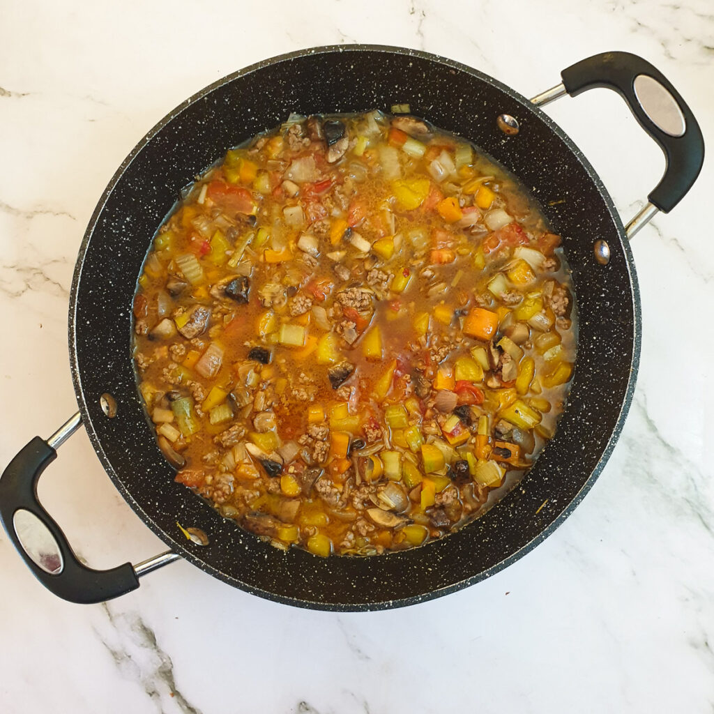 The mince and vegetables with the addition of stock.