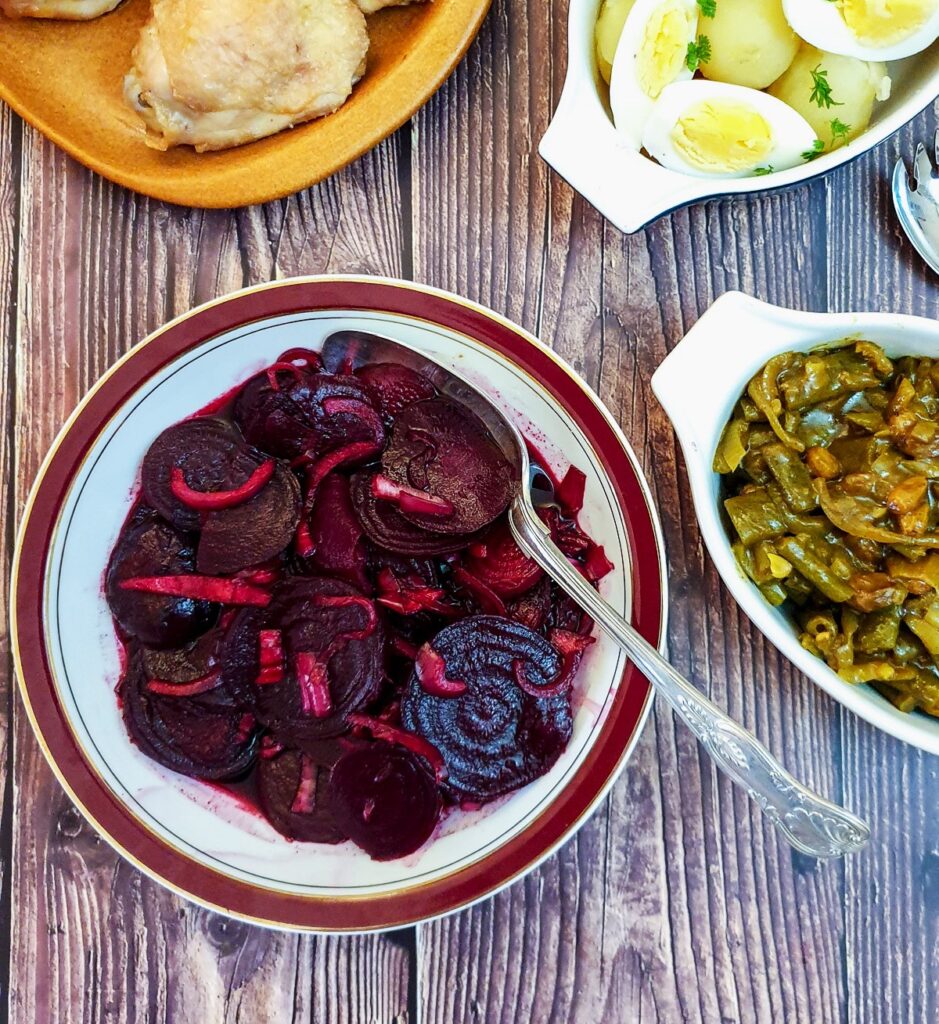 Overhead shot of a dish of beetroot salad.