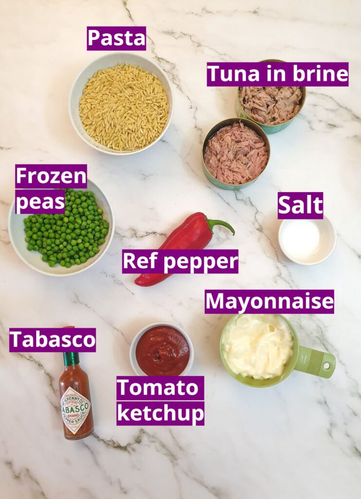 Ingredients for tuna noodle salad.