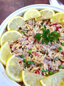Close up of tuna noodle salad