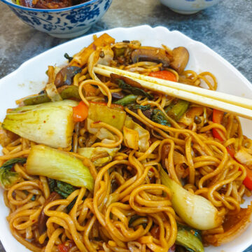 A dish of vegetable lo mein.