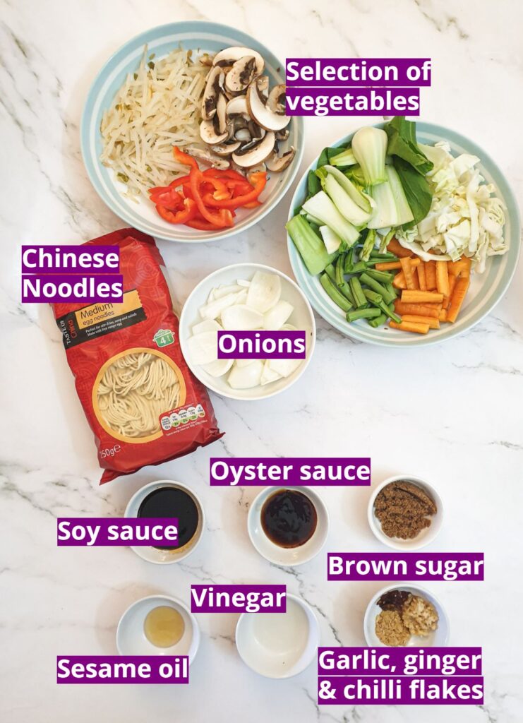 Ingredients for making vegetable lo mein.
