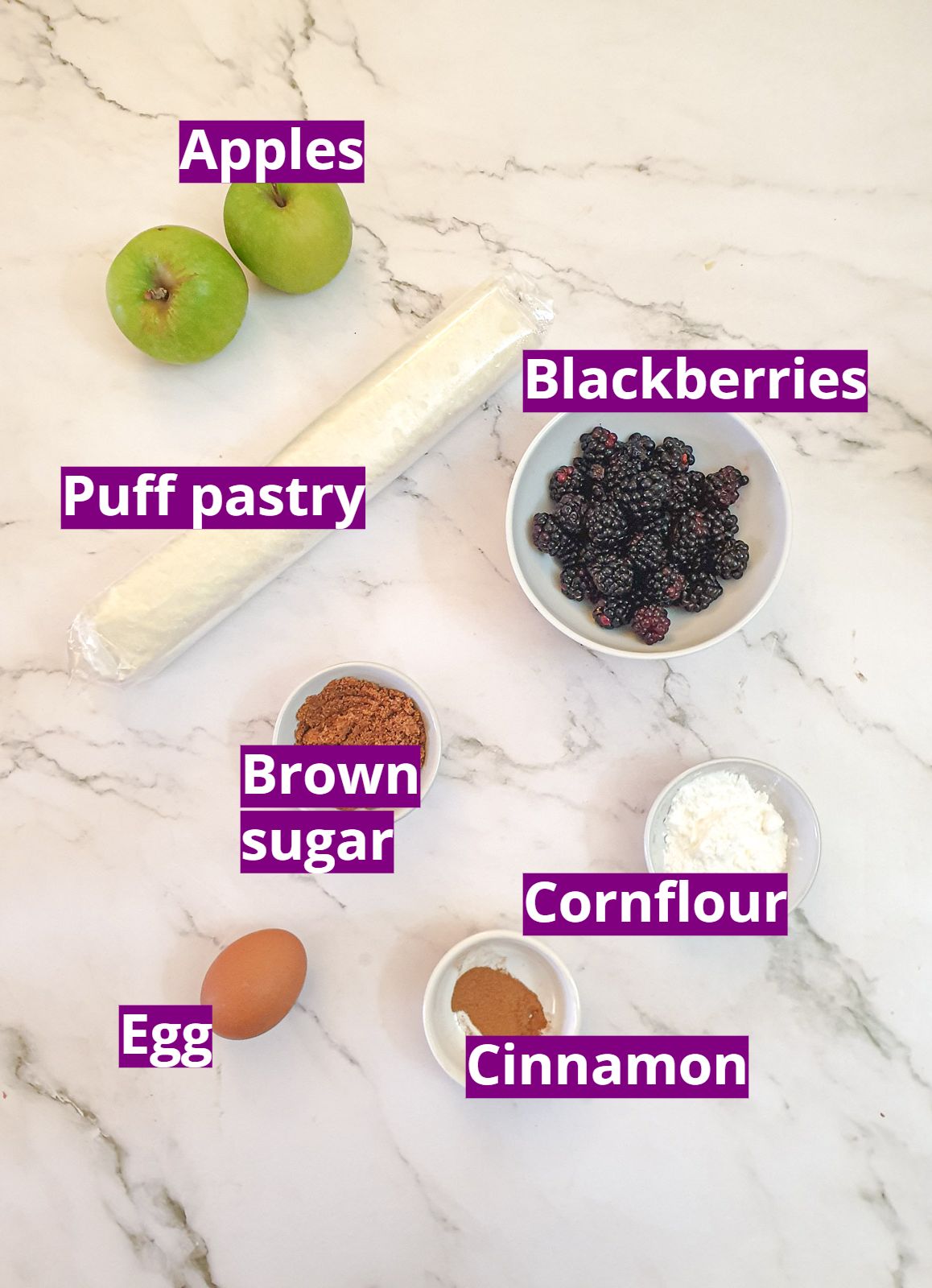 Ingredients for blackberry and apple turnovers.