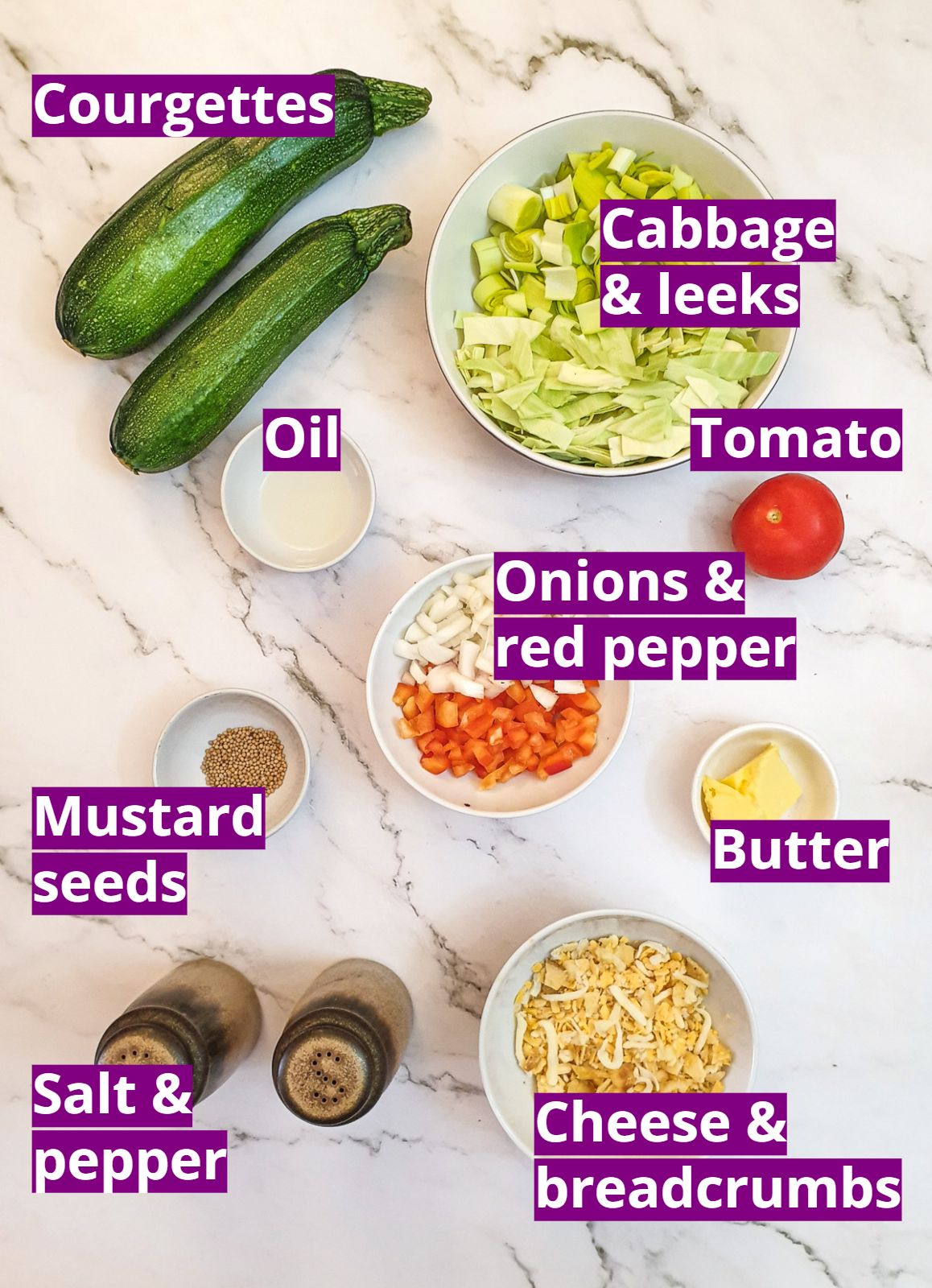 Ingredients for cabbage-stuffed-courgettes.