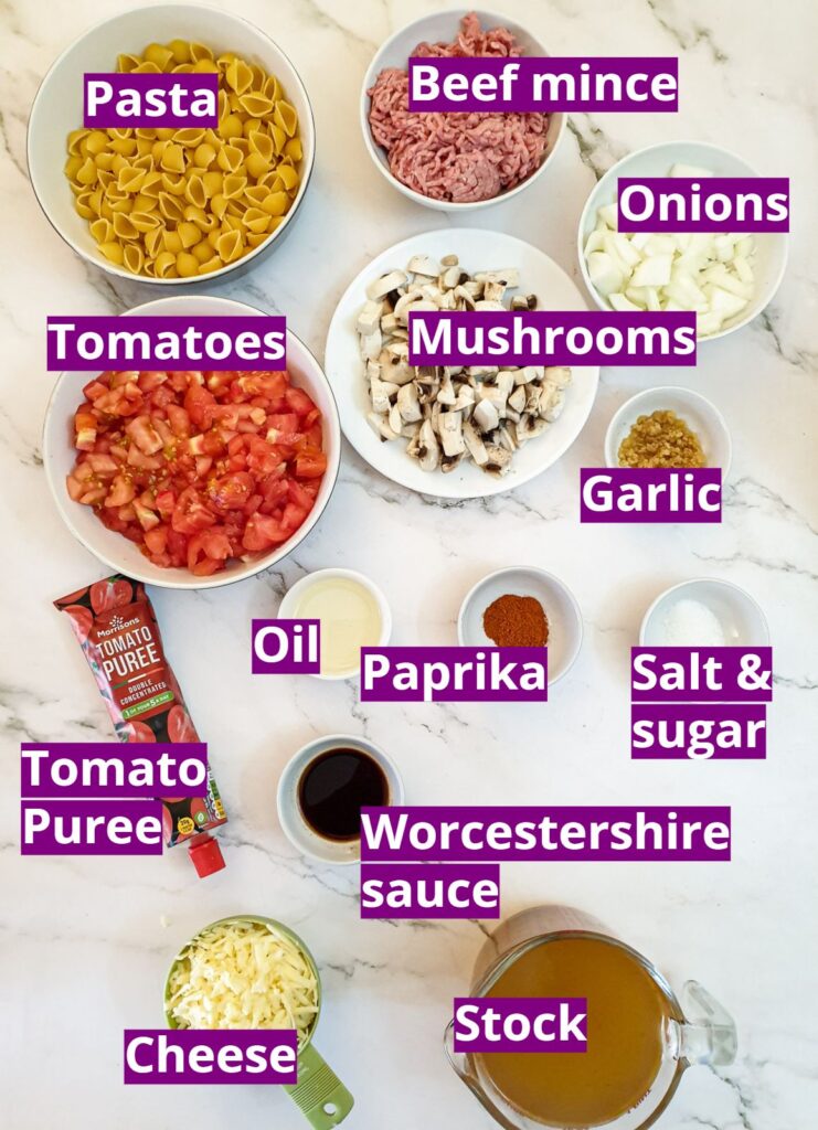 Ingredients for cheesy mince pasta