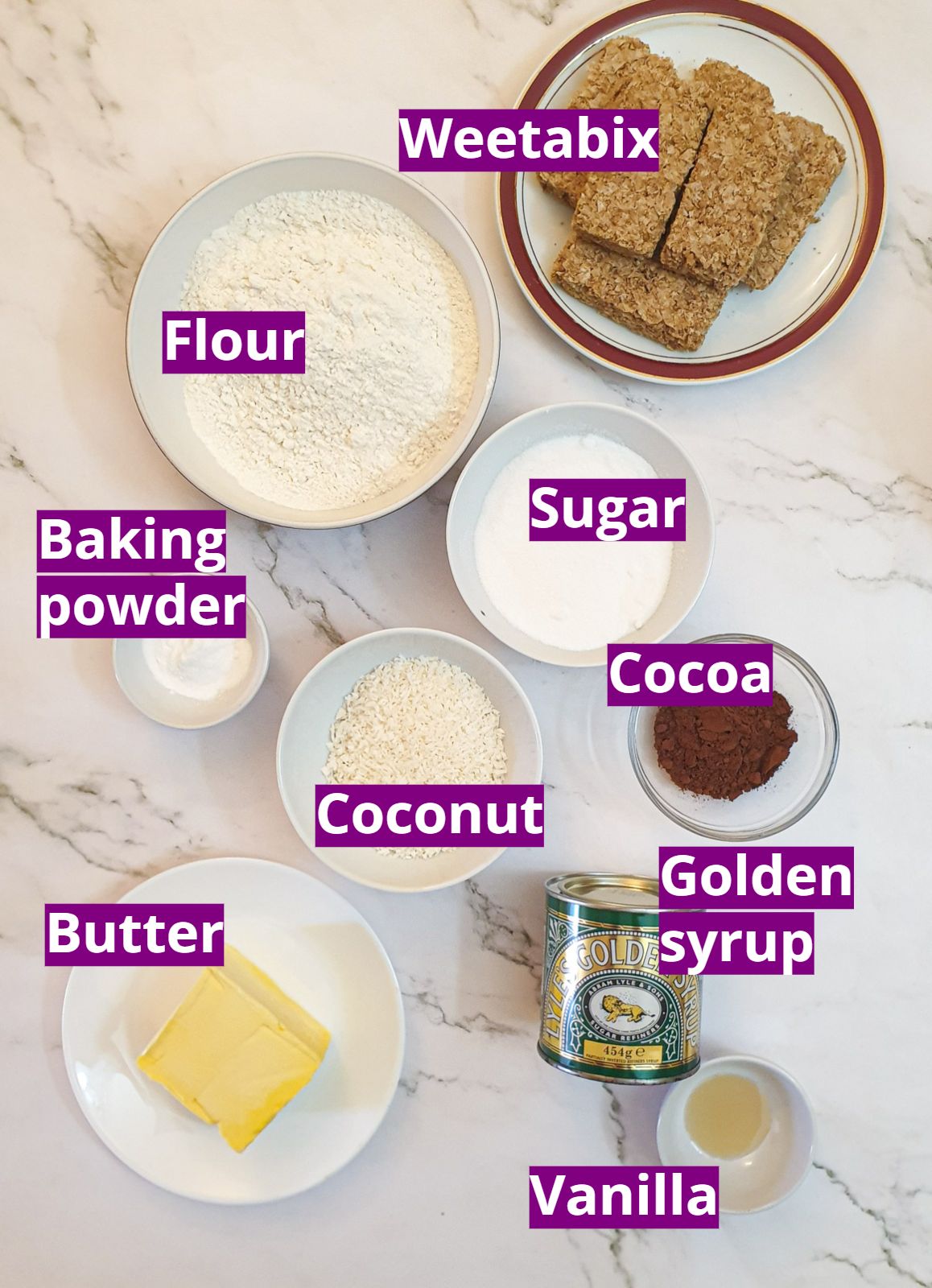 Ingredients for chocolate weetabix slice.