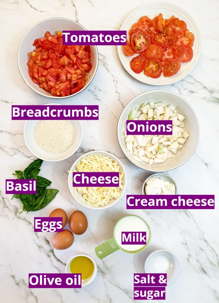 Ingredients for a crustless tomato quiche.