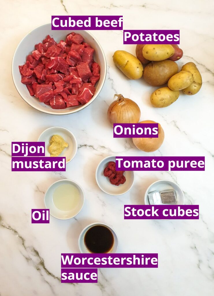 Ingredients for meat and potato pie filling.