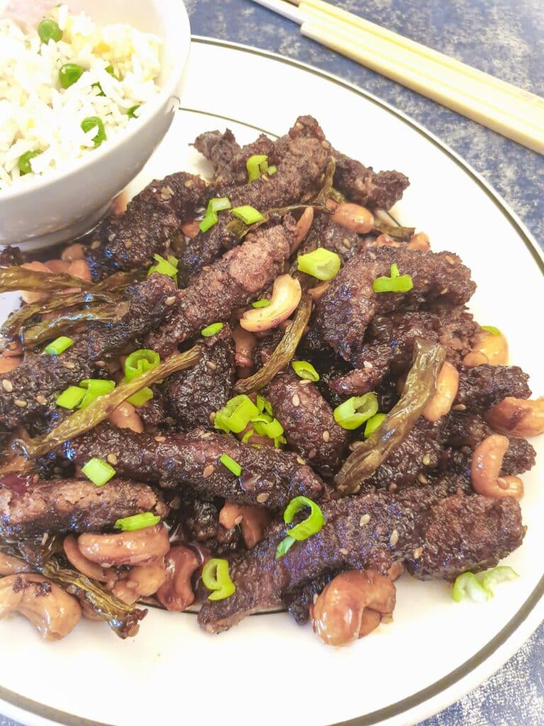 Close up of a plate of dragon beef.