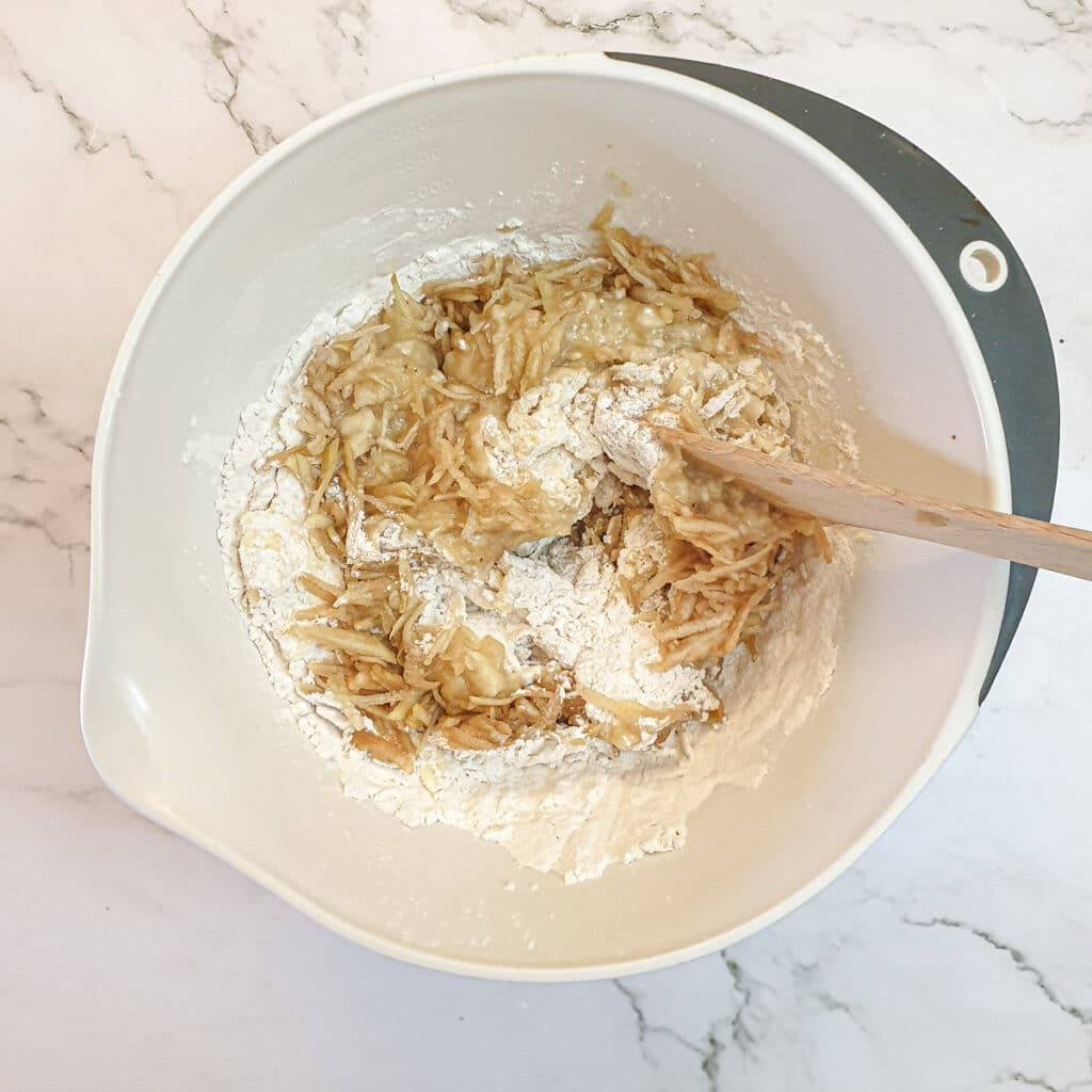 Mashed bananas and grated pears added to the batter.