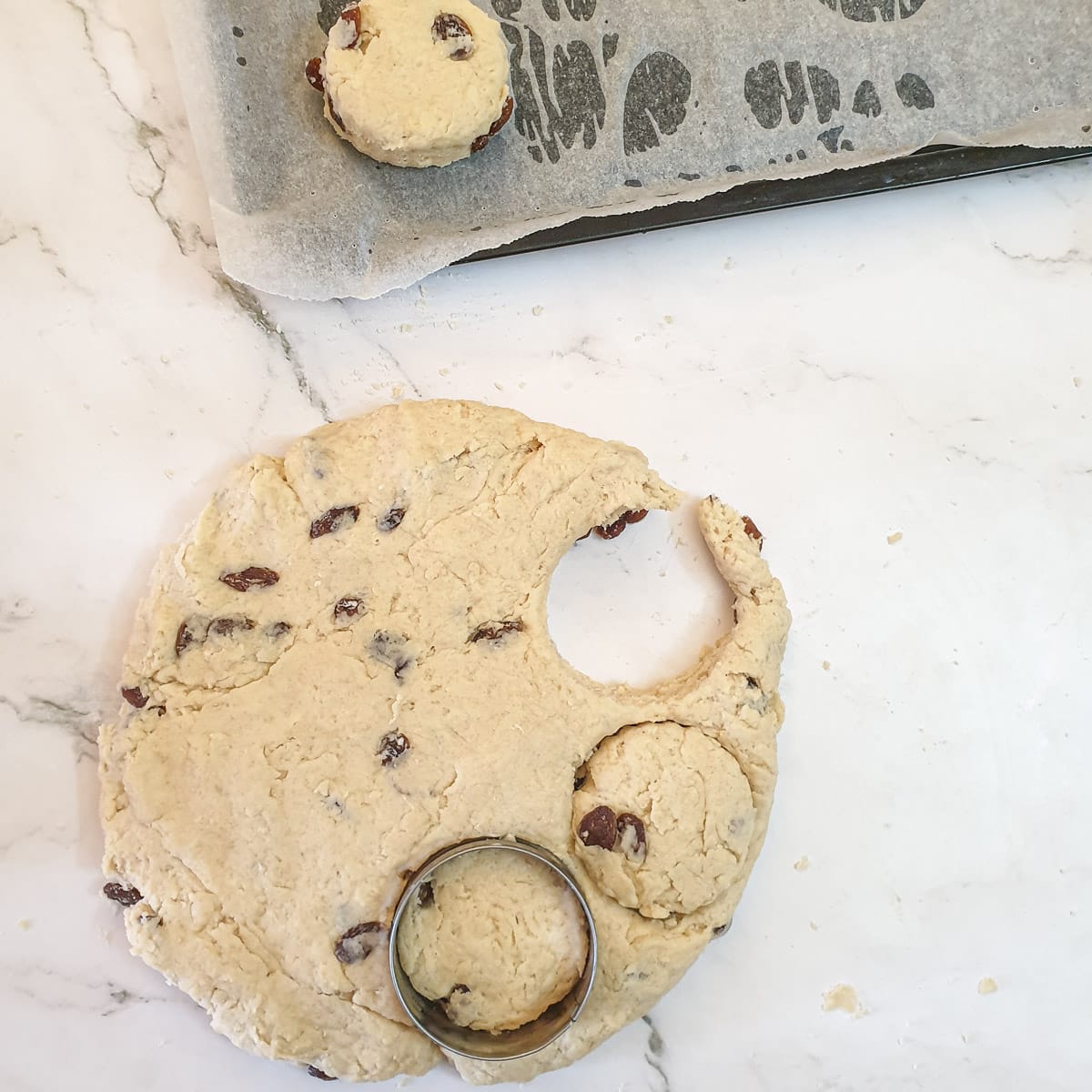 Scone dough being cut into scones.