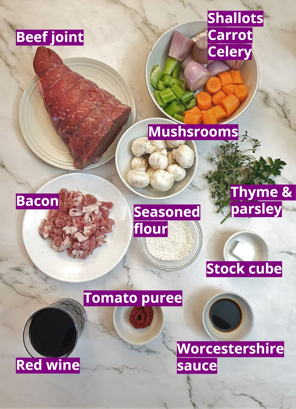 Ingredients for slow-cooker boeuf bourguignon.