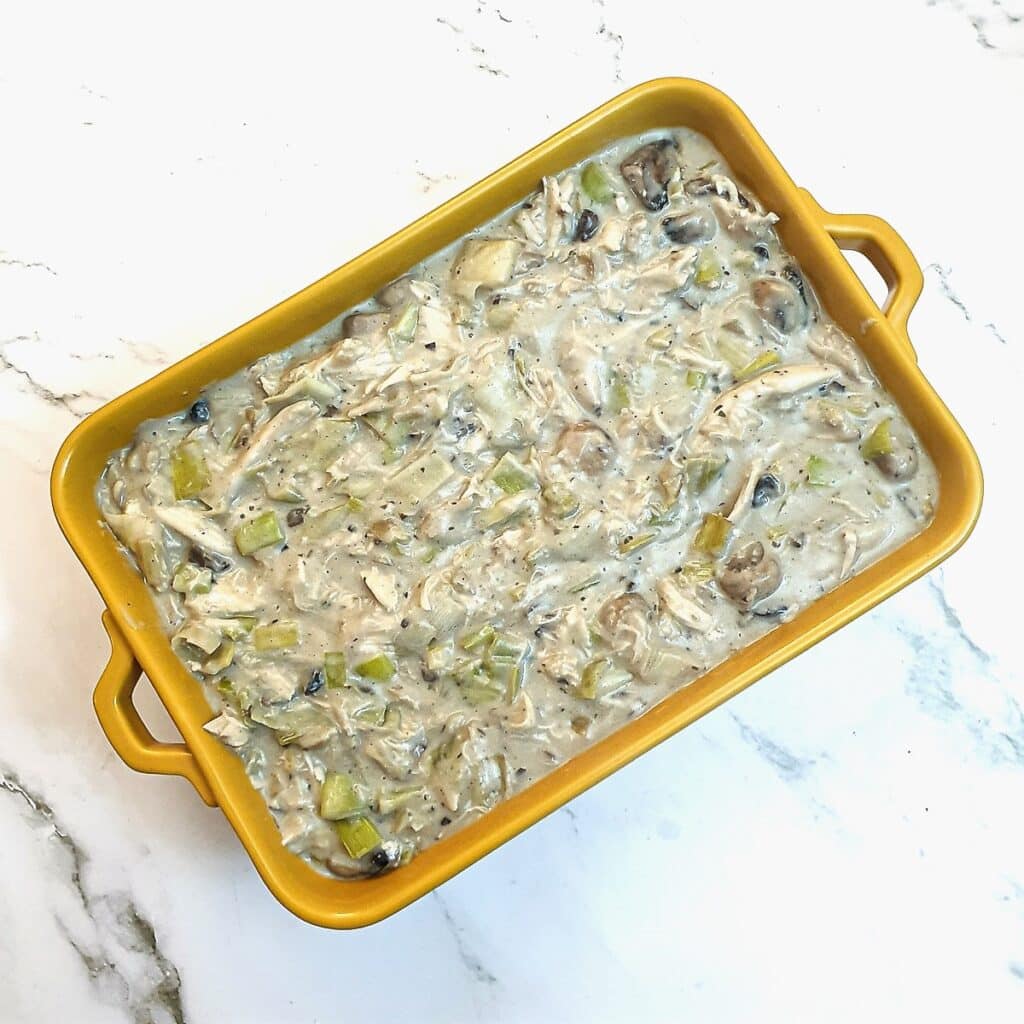 A baking dish filled with chicken, leeks and mushrooms in a creamy sauce.