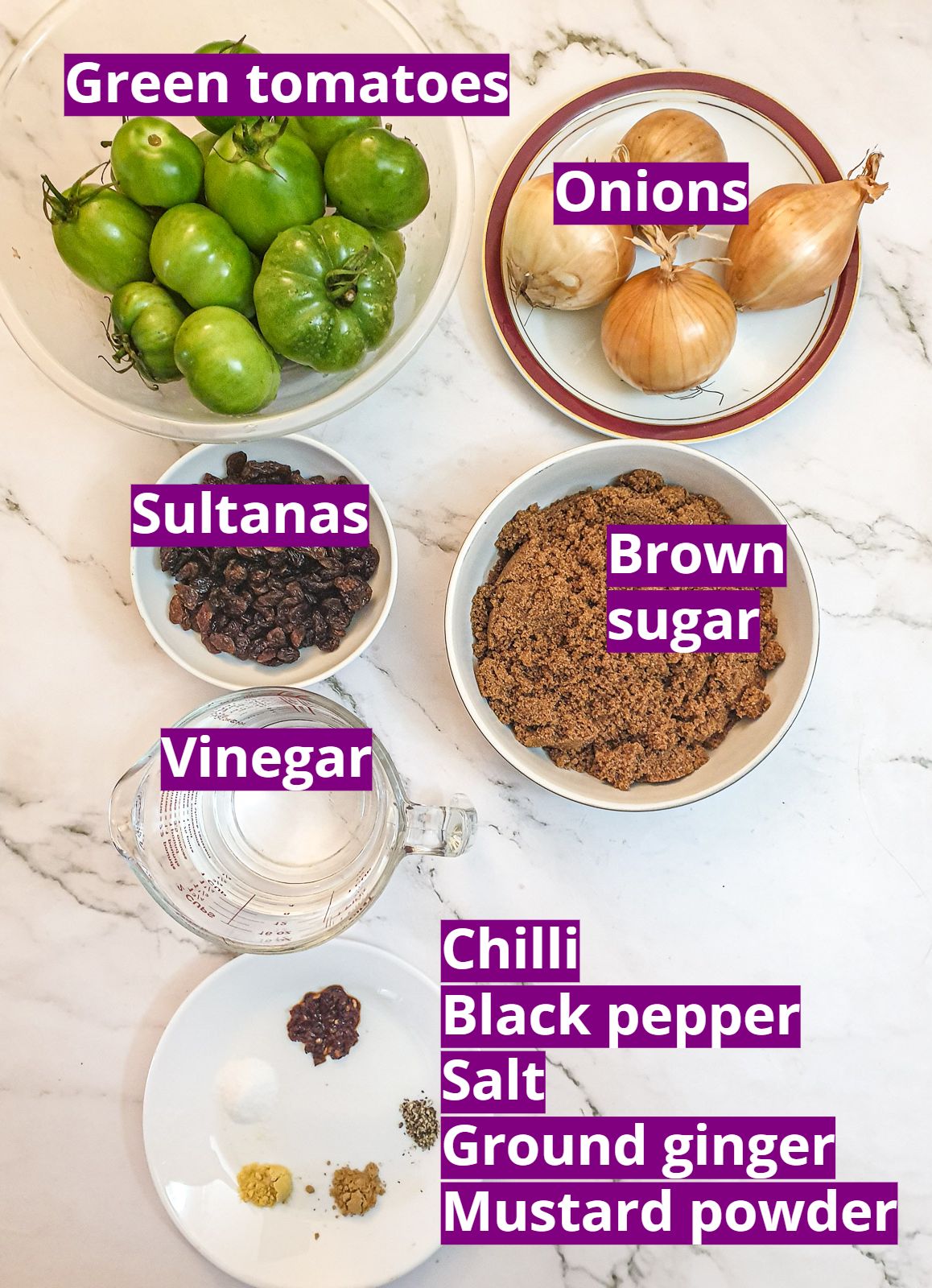 Ingredients for green tomato chutney.