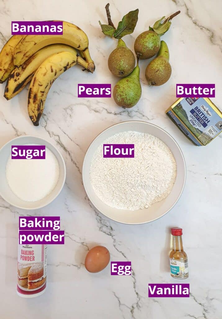 Ingredients for pear and banana bread.