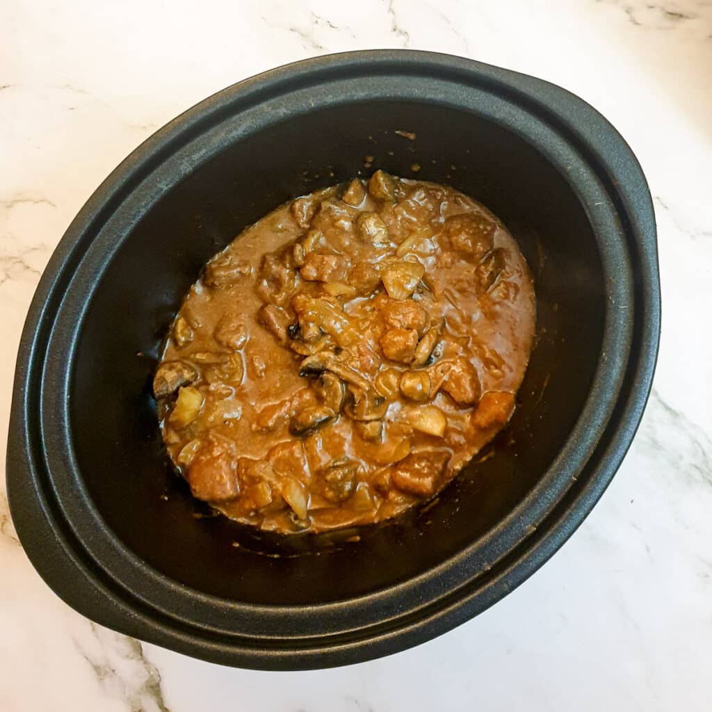 Cooked beef stroganoff in the slow-cooker.