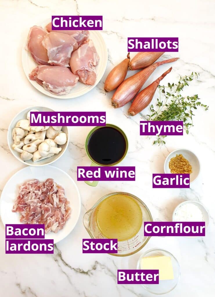 Ingredients for slow-cooker coq au vin.