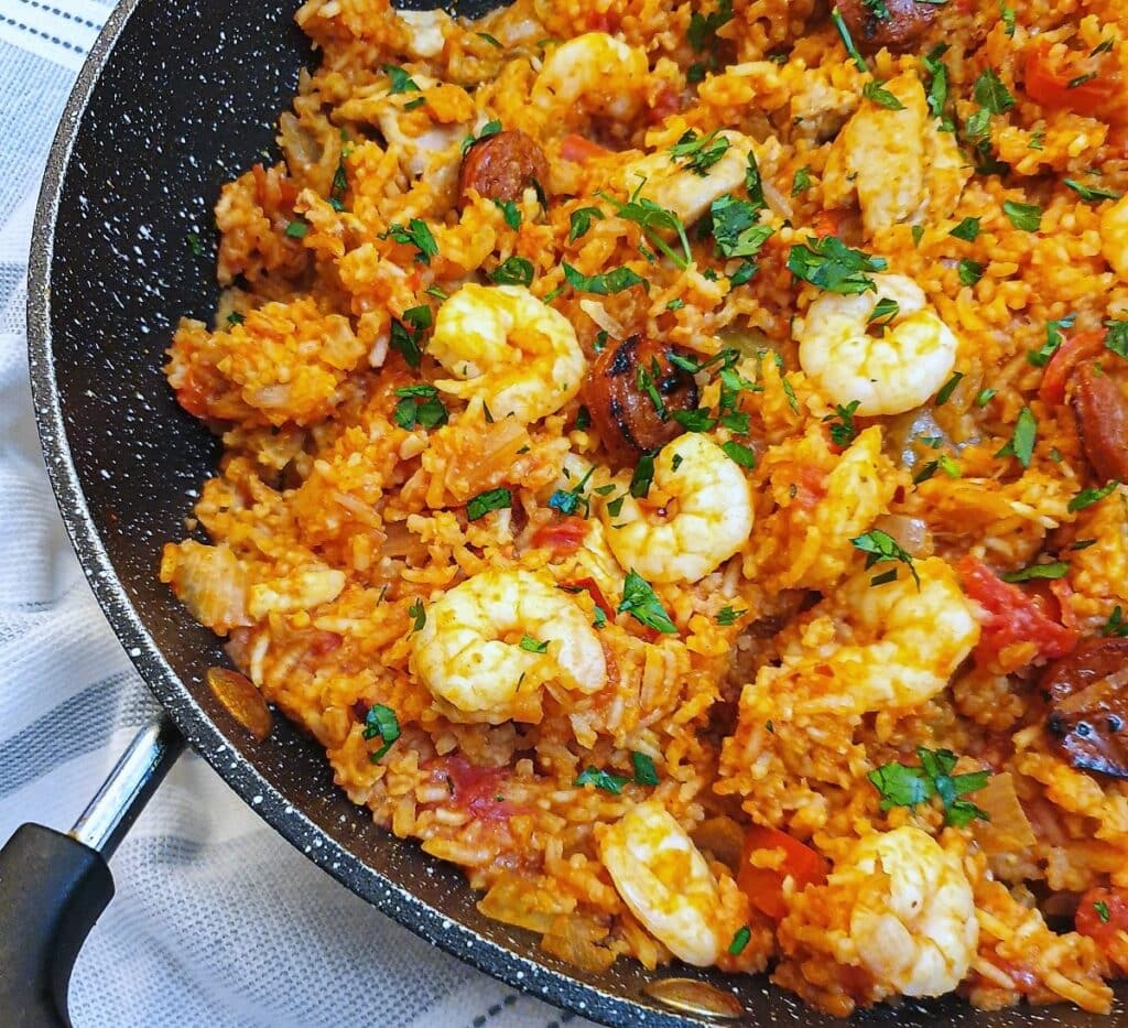 Close up of Creole jambalaya.