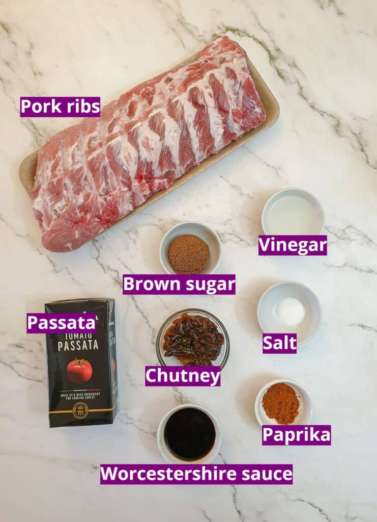 Ingredients for slow-cooker barbeque pork spare ribs.