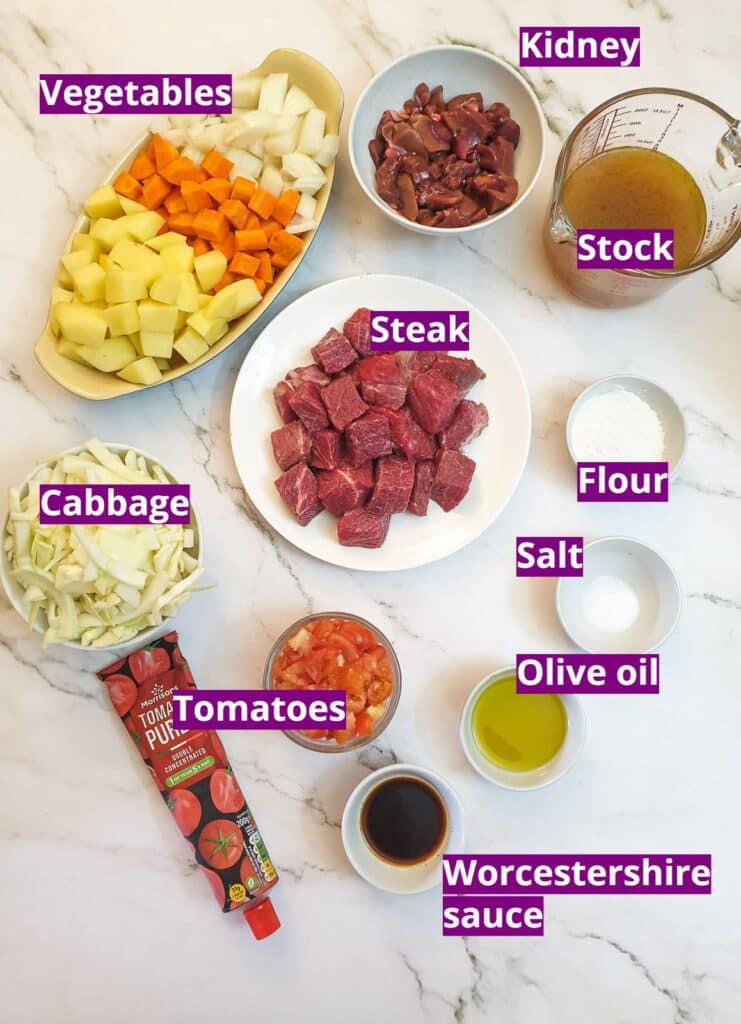 Ingredients for steak and kidney pie.