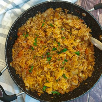 Unstuffed cabbage rolls in a frying pan.