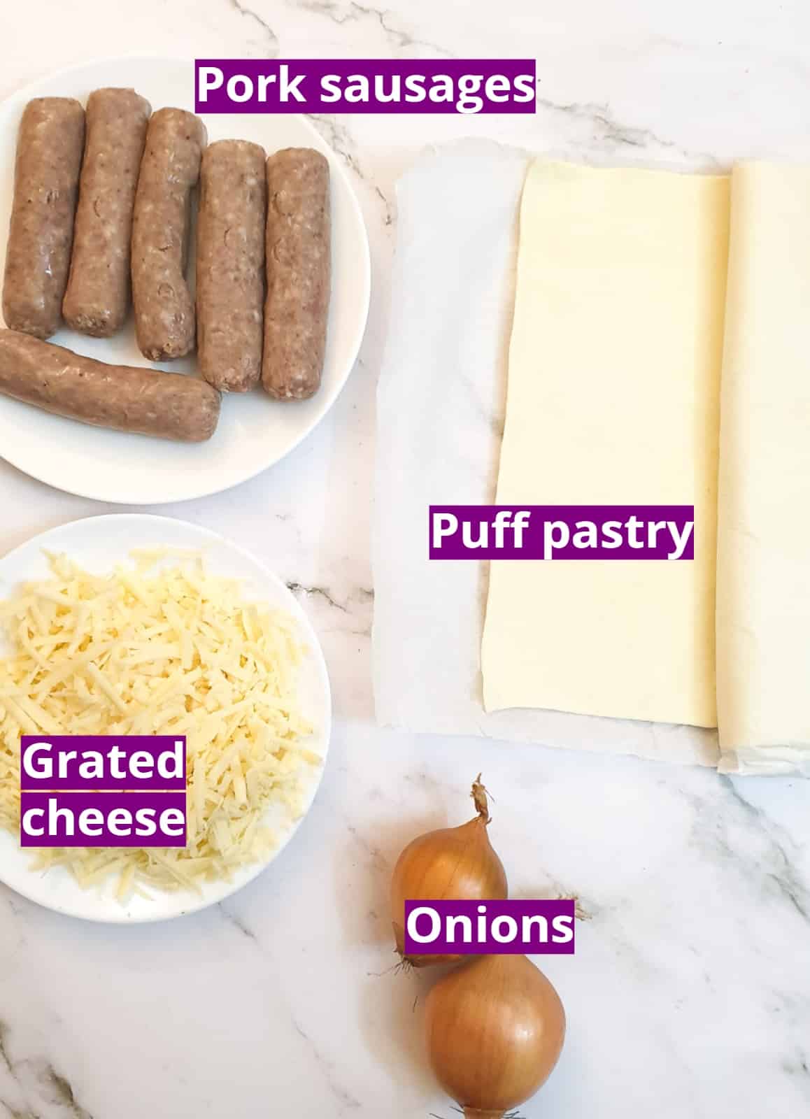 Ingredients for cheese and onion sausage rolls.