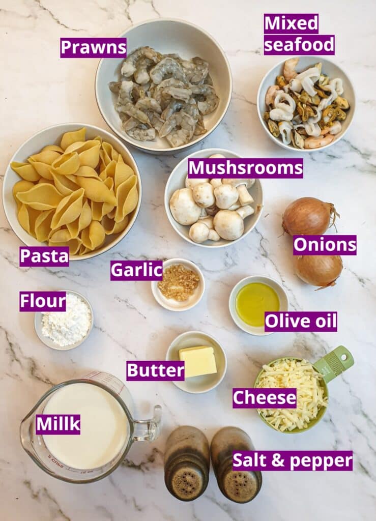 Ingredients for seafood stuffed pasta shells.