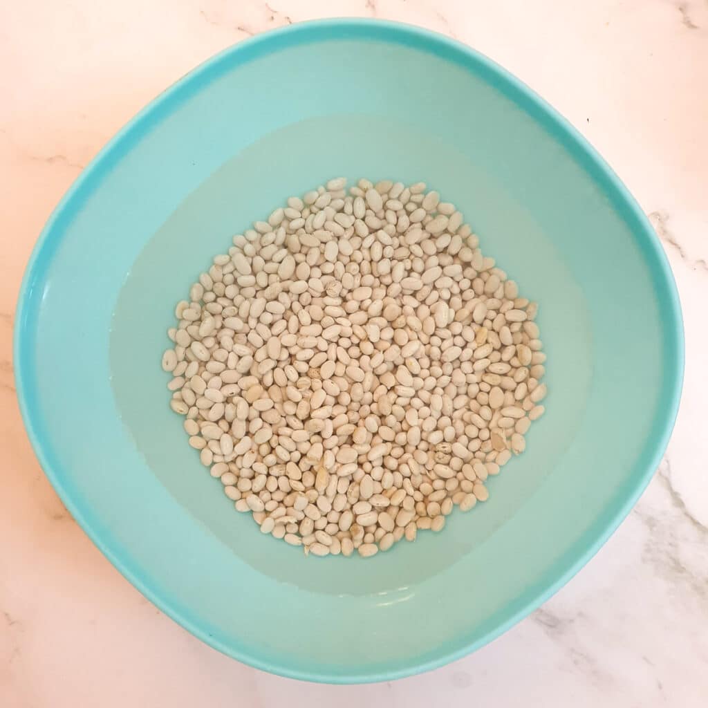 Haricot beans in a bowl of water.