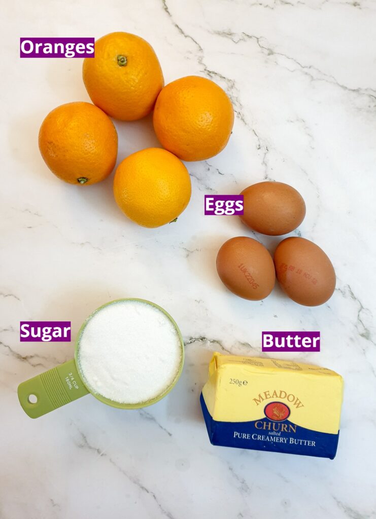 Ingredients for making orange curd.